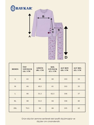 Baykar Kadın Pamuklu Bisiklet Yaka Çiçek Baskılı Uzun Kollu Pijama Takımı 9941 Lila