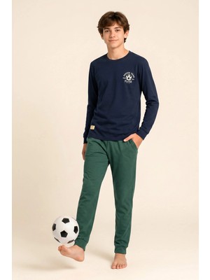 Baykar Genç Erkek Çocuk Pamuklu Bisiklet Yaka Futbol Team Baskılı Uzun Kollu Pijama Takımı 9679 Lacivert