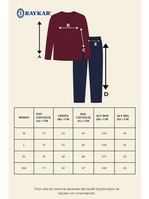 Baykar Erkek Pamuklu Bisiklet Yaka Uzun Kollu Pijama Takımı 9809 Bordo