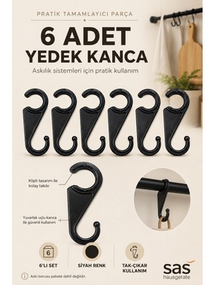 Sas Hausgerate 6’lı Yedek Kanca Seti Siyah – Klipsli Askılık Kancası, Kupa ve Mutfak Gereçleri Için Uyumlu Ek Kanca