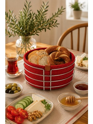 Edora Home Parlak Silver Yuvarlak Ekmek Sepeti, Ekmeklik Sunum Sepeti, Kırmızı Makrome Çok Amaçlı Paslanmaz Metal