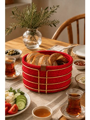Edora Home Parlak Altın Yuvarlak Ekmek Sepeti, Ekmeklik Sunum Sepeti, Kırmızı Makrome Çok Amaçlı Paslanmaz Metal