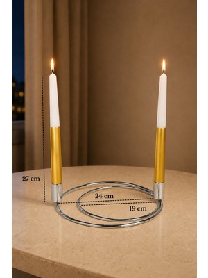 Edora Home Parlak Silver 2'li Dekoratif Metal Halka Şamdan, 2 Adet Gold-Beyaz Mum İnce Uzun - Dekoratif Mumluk