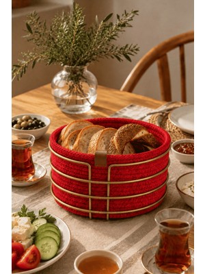 Edora Home Mat Gold Yuvarlak Ekmek Sepeti, Ekmeklik Sunum Sepeti, Kırmızı Makrome Çok Amaçlı Paslanmaz Metal