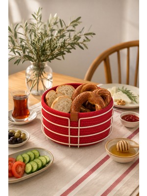 Edora Home Bej Yuvarlak Ekmek Sepeti, Ekmeklik Sunum Sepeti, Kırmızı Makrome Çok Amaçlı Paslanmaz Metal
