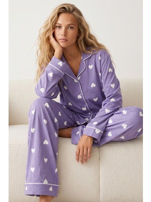 Siyah İnci Düğmeli Biyeli Oversize Pamuklu Örme Pijama Takım 8071
