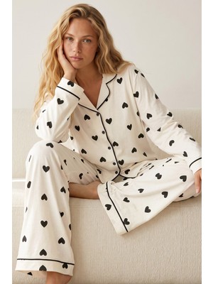 Siyah İnci Düğmeli Biyeli Oversize Pamuklu Örme Pijama Takım 8071