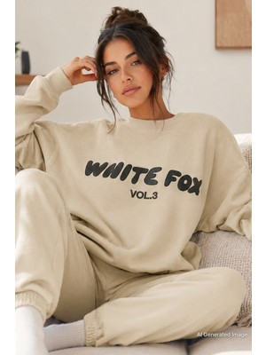 Madmext Bej Bisiklet Yaka Baskılı Sweatshirt MG1904