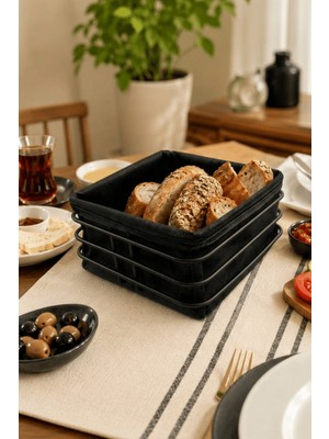 Edora Home Siyah Metal ve Kumaş Kare Ekmek Sunum Sepeti, Kahvaltı Sunumu,Kafe, Restoran ve Otel Tipi 20x20 cm