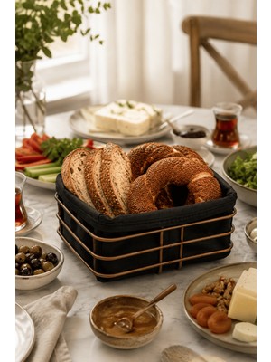 Edora Home Rose Metal ve Siyah Kumaş Kare Ekmek Sunum Sepeti, Kahvaltı Sunumu,Kafe, Restoran ve Otel Tipi 20x20 cm