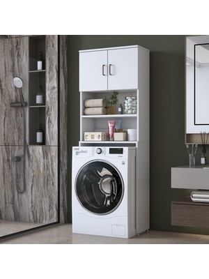 Rani Mobilya Rani KD140 Çamaşır Makinesi Dolabı 2 Kapaklı 2 Raflı Banyo Dolabı Beyaz