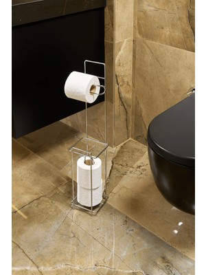 Edora Home Parlak Silver Metal Ayaklı Tuvalet Kağıtlığı ve Yedek Rulo Standı | Modern WC Kağıtlık