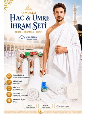 İhvan Online 6 Parça Pamuklu Hac ve Umre Ihram Seti %100 Pamuk – Kemer, Çanta ve Seyahat Adaptörlü