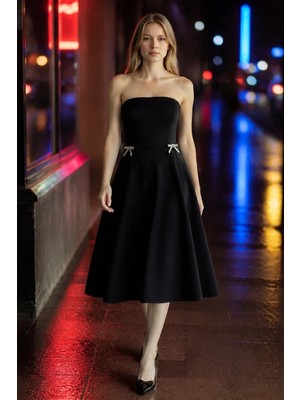 3638 Official Store Straplez Taş Detaylı Fiyonklu Mini Elbise M