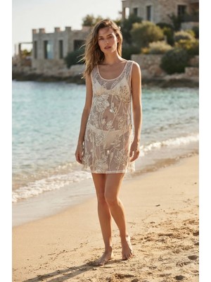3638 Official Store Solène Işlemeli Pul Payetli Kolsuz Mini Elbise - Ekru M