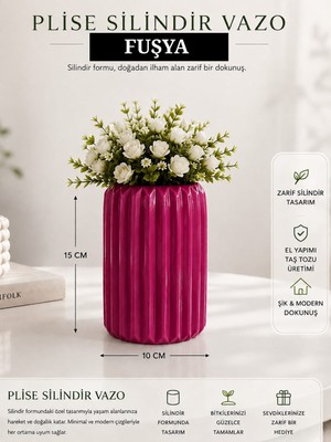 E.M.S Fuşya Renk Plise Silindir Desen Vazo 15 x 10 cm Yapay Çiçek Organizer Hediyelik Dekoratif Vazo.