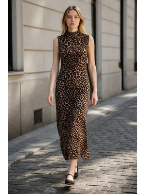 3638 Official Store Leopar Desenli Hakim Yaka Uzun Elbise S