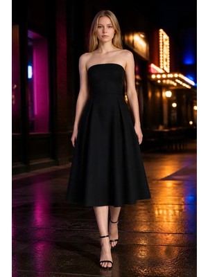 3638 Official Store Straplez Fiyonk Detaylı Midi Elbise M