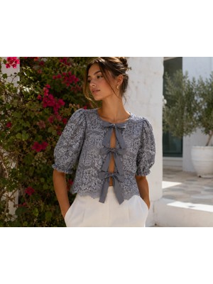 3638 Official Store Kurdele Bağlamalı Dantelli Balon Kollu Bluz L
