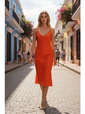 3638 Official Store Turuncu Zebra Jakarlı Askılı Elbise M