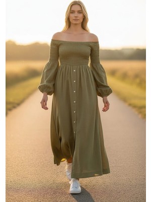 3638 Official Store Yeşil Shirred Büzgülü Off-Shoulder Midi Elbise S