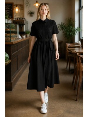 3638 Official Store Inès Işlemeli Gömlek Yaka Kuşaklı Midi Elbise - Siyah S