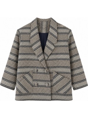 Retrobird 90'lar Retro Model Oversize Tasarım Ekose Ceket Kadın Gri-Lacivert