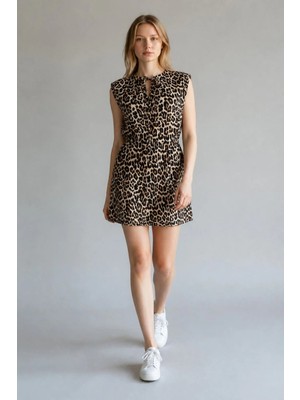3638 Official Store Gisèle Leopar Desenli Kolsuz Bağcıklı Midi Elbise M/l