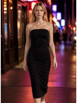 3638 Official Store Juliette Drapeli Straplez Midi Elbise - Siyah M