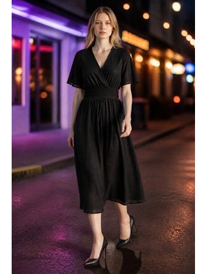 3638 Official Store Kruvaze Yaka Jakarlı Gipeli Uzun Elbise S