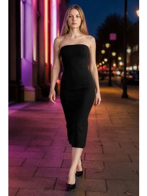 3638 Official Store Solange Straplez Midi Elbise - Siyah L