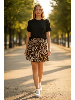 3638 Official Store Leopar Desenli Beli Bağcıklı Mini Etek S