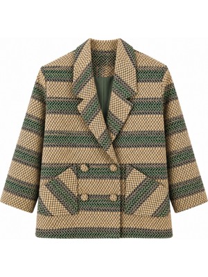 Retrobird 90'lar Retro Model Oversize Tasarım Ekose Ceket Kadın Yeşil-Krem