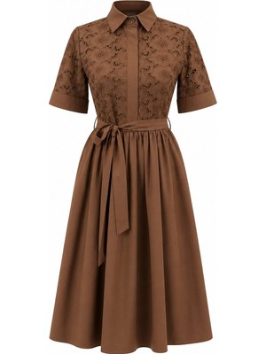 3638 Official Store Inès Işlemeli Gömlek Yaka Kuşaklı Midi Elbise - Kahverengi S