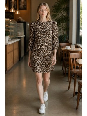 3638 Official Store Solène Leopar Desenli Fırfırlı Midi Elbise M