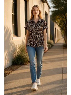 3638 Official Store Leopar Desenli Oversize Gömlek Bluz L