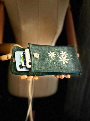 Ggart Handmade Meadov Nakış Işlemeli Keten Telefon Çantası, Telefon Kılıfı V61
