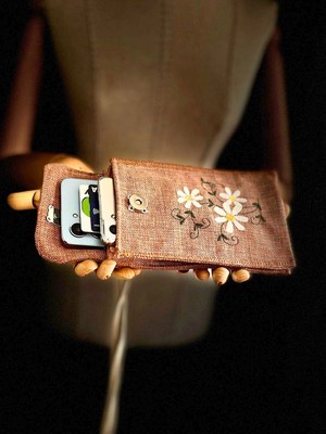 Ggart Handmade Meadov Nakış Işlemeli Keten Telefon Çantası, Telefon Kılıfı V75