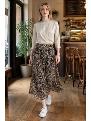 3638 Official Store Leopar Desenli Pliseli Midi Boy Etek M
