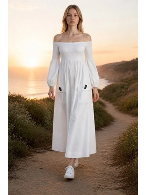 3638 Official Store Beyaz Shirred Büzgülü Off-Shoulder Midi Elbise S