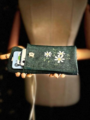Ggart Handmade Meadov Nakış Işlemeli Keten Telefon Çantası, Telefon Kılıfı V25