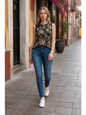 3638 Official Store Çiçek Nakışlı Payet Işlemeli Bisiklet Yaka Kolsuz Bluz L