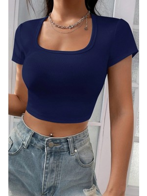 Marsilyan Kadın Lacivert Yarım Kol Düz Yaka Crop Top Bluz