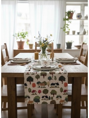 White Alamode Leke Tutmaz Nakış Efektli 40 x 140 cm Dijital Baskılı Doğa Esintili Minyatür Köy Desenli Runner