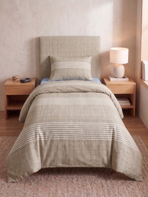 Maki Home Makiteks %100 Pamuklu Keten Görünümlü Bej Çizgili Modern 160X220 Tek Kişilik Nevresim Seti