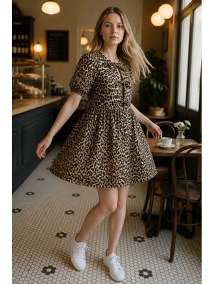 3638 Official Store Balon Kollu Bağcıklı Leopar Desenli Mini Elbise M