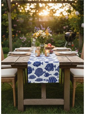 White Alamode Leke Tutmaz Dijital Baskılı Marin Line 40X140 cm Runner