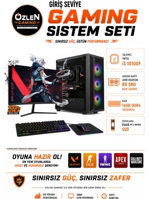 Özlen X24 İ3 10100F RX 580 8GB 16GB RAM 256GB M.2 SSD 24'' Full HD 100Hz Oyuncu Bilgisayarı