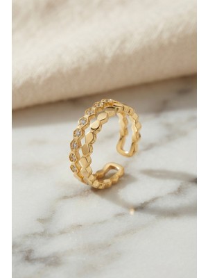 Clariss Gold Renk Sıralı Petek ve Zirkon Taşlı Model Kadın Yüzük