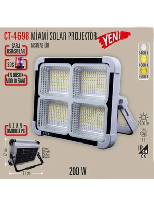 Cata CT-4698 Miami 200W Solar Projektör 3 Renk Şarjlı LED Projektör Type-C USB Powerbank Sos Işıklı